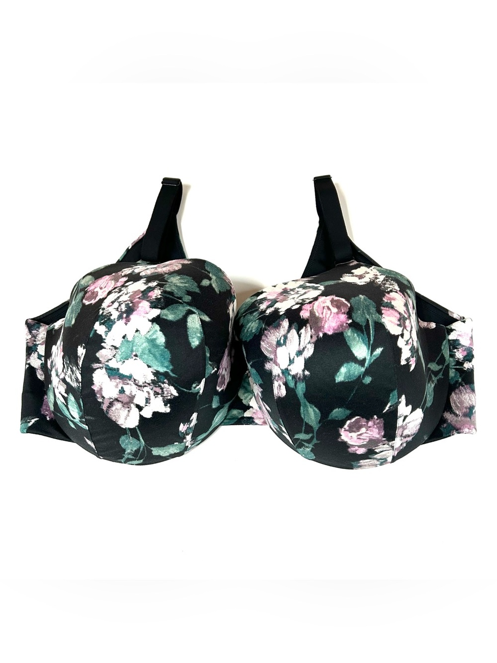 Cacique 42DDD 42F Back Smoother Lightly Lined Full Coverage Bra Floral Black